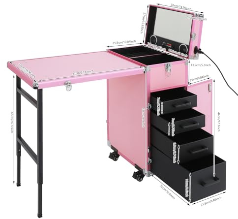 Rolling manikyrbord, makeupväska, skönhetsväska, kosmetisk väska, frisörväska med 4 lådor och 4 hjul för frisör, arbetsplats, vikbar 50 kg lastkapacitet med Bluetooth (rosa)