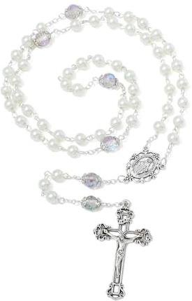 Calkkrer 6mm Weiße Glas-Perlen Rosenkranz mit Kreuz, Katholische Kette, Perfekt für Kommunion und Taufe, Rosenkranz in Samtbeutel