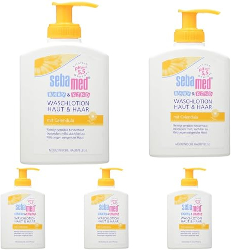 Sebamed Baby & Kind Waschlotion Haut & Haar mit Calendula 200 ml, reinigt sensible Kinderhaut besonders mild, auch bei zu Reizungen neigender Haut (Packung mit 5)