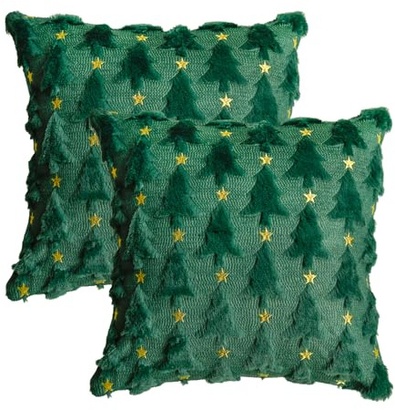 Artoid Mode Juego de 2 fundas de cojín de piel artificial, color verde, dorado, pino, árboles, Navidad, 40 x 40 cm, para invierno, felpa, terciopelo, decoración para dormitorio