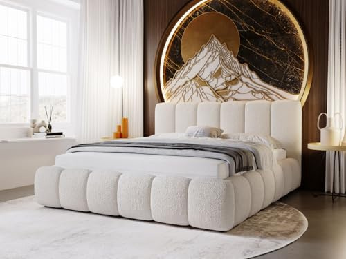 GRAINGOLD Cloud Bett 140x200, Polsterbett mit Bettkasten, Polsterbett mit Stauraum, Bouclé-Stoff, mit Lattenrost, mit Kopfteil, ohne Matratze (Beige, 140x200)
