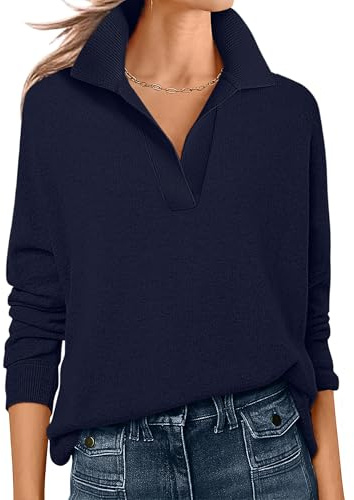 ANRABESS Womens Polo V Neck Long Sleeve Sweaters Lightweight Dressy Casual Business Basic Knit Pullover Top 2025 Fall Outfits Navy Blue Small