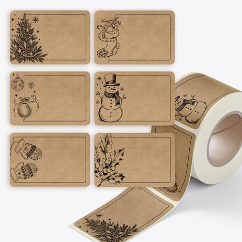 colortouch Aufkleber zum Beschriften Weihnachten - 250 St Beschriftbar Kraftpapier Optik Geschenkaufkleber - 37 * 55 mm Rechteckig Rolle Vintage Weihnachtsdeko für Verpackung, Geschenke, Tannenbaum
