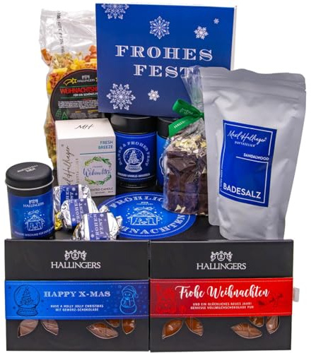 Hallingers Genuss Manufaktur Feinkost Weihnachts-Geschenk-Set - XXL-Geschenkkorb Fröhliche Weihn... große Selektion Pasta, Lebkuchen, Gewürz Nougat Badesalz Schoki & mehr, Weihnachten für Frauen