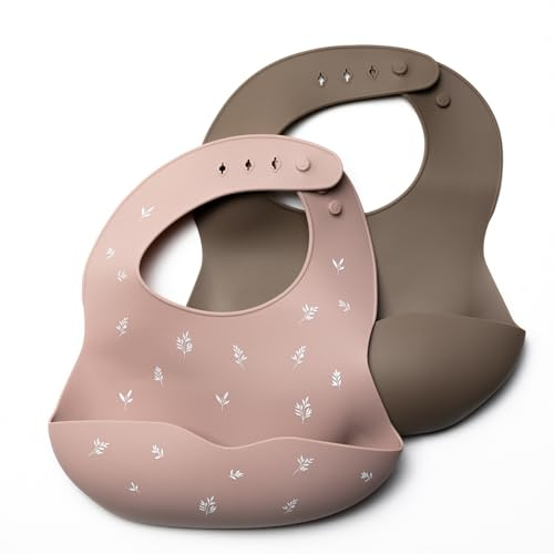 Kindsgard silbibly Lot de 2 bavoirs en silicone avec bac récupérateur, doux, sans BPA, réglables, lavables et lavables au lave-vaisselle, pour bébés et tout-petits à partir de 6 mois, rose et marron