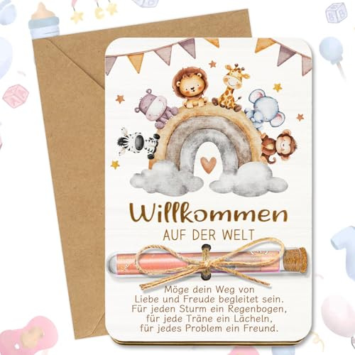 Geschenk zur Geburt Junge Mädchen, Geldgeschenk Verpackung Holz mit Reagenzgläser und Karte, Baby Geschenke zur Geburt, Regenbogentiere Geburtsgeschenk Babygeschenke