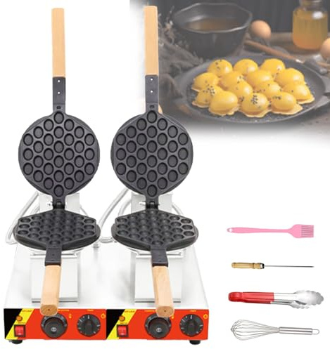 VzxCrue Hexagonal Egg Bubble Puff Iron,Commercial Waffle Maker Double Head Waffle Maker,Independent Temp Time Control, for Snack Shop Cafe or Home DualHead