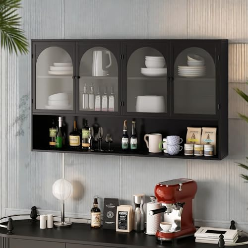 QMTXBYJ Armoire murale de 120 cm avec 4 portes en verre et étagères amovibles - Armoire de rangement suspendue pour cuisine, salle de bain, salon - 120 x 23 x 70 cm