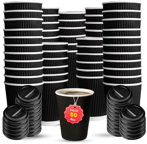 CHEF ROYALE 50x 4oz Black Takeaway Paper Coffee Cups with Lids - Triple Walled Disposable Cups for Hot & Cold Drinks (50)