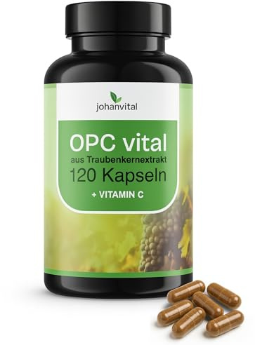 Johanvital OPC Kapseln 120 Stück – 500 mg Traubenkernextrakt mit 95% Polyphenolen, OPC hochdosiert mit Vitamin C, vegane Nahrungsergänzung, ohne Zusatzstoffe, Made in Germany
