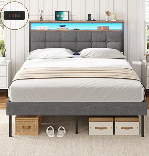 AOGLLATI 4ft6 Upholstered Platform Bed Frame 135x190 With LED Lights & Charging Station,Double bed frame with Storage/Strong Metal Slats Support/Under Bed Storage/Noise Free (Double-135x190cm)