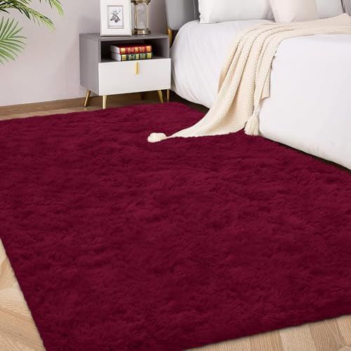 FVVRAX Matta med hög lugg 120 x 180 cm, vinröd matta, extra mjuk, halkfri matta för vardagsrum, sovrum, mjuk matta för barn och husdjur