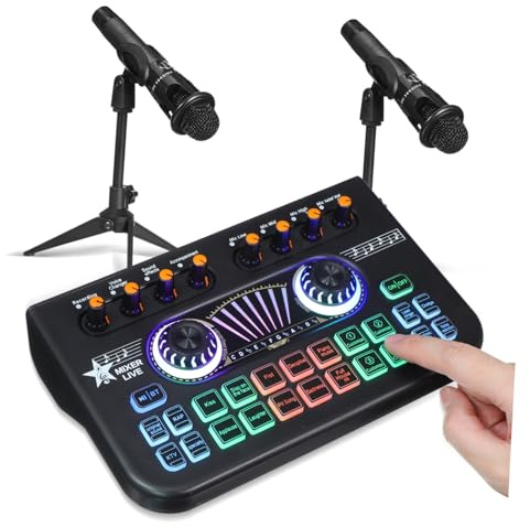 Abaodam Professional Podcast Studio Equipment Bundle with Dual Microphones and Live Sound Card Audio Control Voice Changer Dj Mixer for Home Music Recording Streaming and Gaming