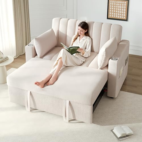 Sofá cama extensible moderno, sofá cama de 2 plazas, sofá plegable de tela de algodón, cama compacta para invitados con soporte para vasos, respaldo ajustable para salas de estar pequeñas habitaciones