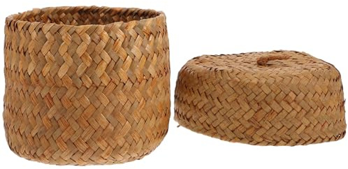 TOYANDONA Gewebter Kleiner Seegraskorb mit Deckel Aufbewahrungskorb für Kleinigkeiten Runde Geschenkbox für Zuhause Küche und Party 12 X 9cm