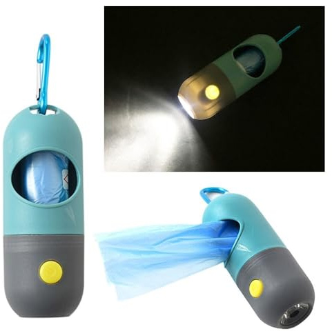 El Furry Fiesta - Distributeur de sacs à déjections canines avec lampe de poche LED - Support de sac poubelle pour chien avec mousqueton - 1 rouleau - Accessoire léger pour promener le chien (bleu)