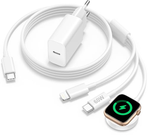 Apple Watch-laddare med 3-i-1-kabel, 20W USB-C snabbladdare för iPhone och AirPods, 1,2 m, stark magnet, MFi-certifierad, vit, kompakt kit