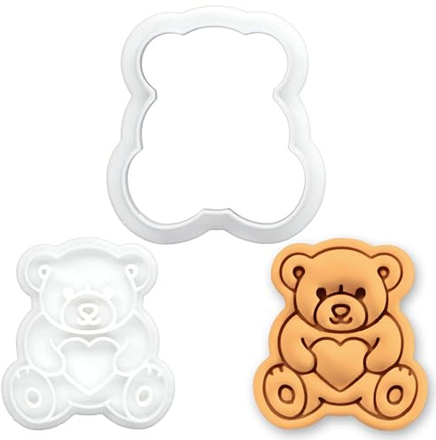 BAKERLOGY Teddybär mit Herz Mini Ausstechform & Stempel-Set – Süßes Motiv, Fondant-Präger, Keksstempel für Baby Shower, 1. Geburtstag, Valentinstag, Backzubehör
