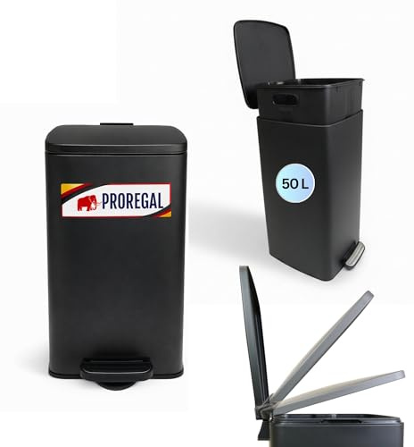 PROREGAL Mülleimer Küche Bad 50L, Abfalleimer mit Softclose & Stay-Open Deckel, Fußpedal & Inneneimer | Stahl, Matt Schwarz | rechteckiger Treteimer mit Inneneimer, Tretmülleimer 50 Liter