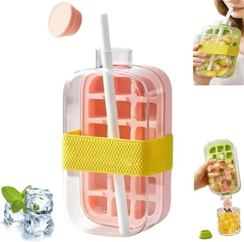 Ice Cube Bottle with Straw, 2 in 1 Water Bottle Ice Cube Tray with Lid and Bin, Touch-Free Ice Cube Tray for Freezer Portable and Waterproof Used as Water Cups (Pink, 800ml)