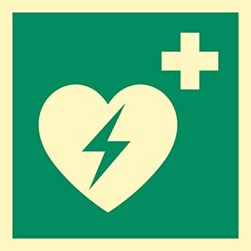 LEMAX® Aufkleber Rettungszeichen, Automatisierter Externer Defibrillator E010 DIN EN ISO 7010 Folie selbstklebend, langnachleuchtend grün/weiß/Randfarbe: weiß 150x150mm