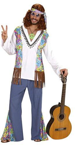 W WIDMANN MILANO Party Fashion - Woodstock Hippiemann Kostüm Set | Flower-Power-Kostüm mit Hemd, Weste, Hose und Stirnband für Karneval, Mottoparty und 60s-Events