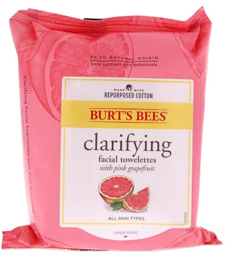 Burt's Bees Clarifying Facial Towelettes With Pink Grapefruit, Pre-Moistened Towelettes for All Skin Types, 99.04 Percent Natural Origin Skin Care, Pack of 3