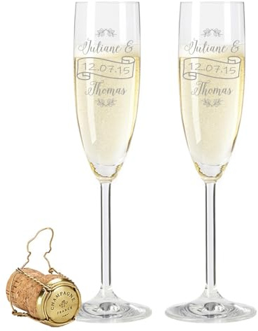 GRAVURZEILE Leonardo Sektgläser mit Gravur Namen & Datum - Wedding Flowers Design - Geschenk zur Hochzeit, Verlobung Jahrestag - Personalisiert - das perfekte Hochzeitsgeschenk