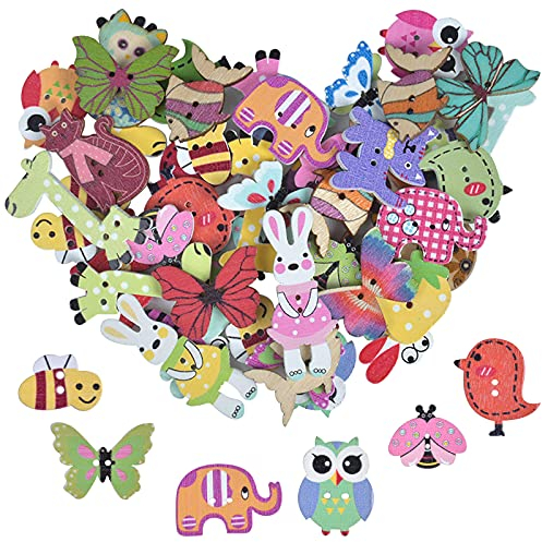 50 Stück Gemischte Farben Holzknöpfe in Tierform,2 Löcher Natur Holz Knöpfe zum Nähen und Basteln von Dekorationen Basteln, Handwerk, Malerei, DIY (Verschiedene Tierformen)