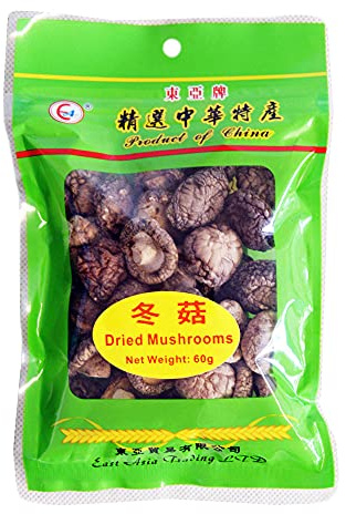 East Asia Brand Dried Shiitake Mushroom - 60g, (Pack of 1) | 100% natural whole dried shiitake mushroom caps. Convenient small pantry pouch ideal for daily home cooking and soups