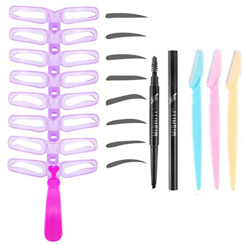 EVERMARKET 12 PCS Eyebrow Stencils - Eyebrows Shape Reusable with Eyebrow Razors and Pencil, Eye Brow Shaping Template Stamp Kit with Handle and Strap Washable DIY Makeup Tools