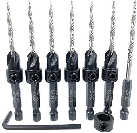 FTG USA Tapered Countersink Drill Bit Set 6 Pc #6 (9/64) Countersink Bit Same Size, 1 Tapered Drill Bit Replacement, Wood Countersink Drill Bits