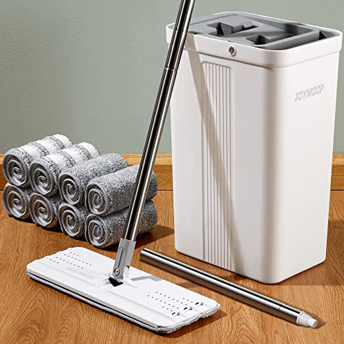 JOYMOOP - Fregona plana con toallita de microfibra y cubo con escurridor, con mango largo, uso húmedo o seco, limpieza del hogar, para parquet, laminado, baldosas