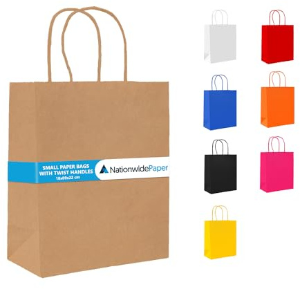 Nationwide Paper Lot de 25 sacs en papier kraft 70 g/m² avec poignée torsadée, taille S, marron
