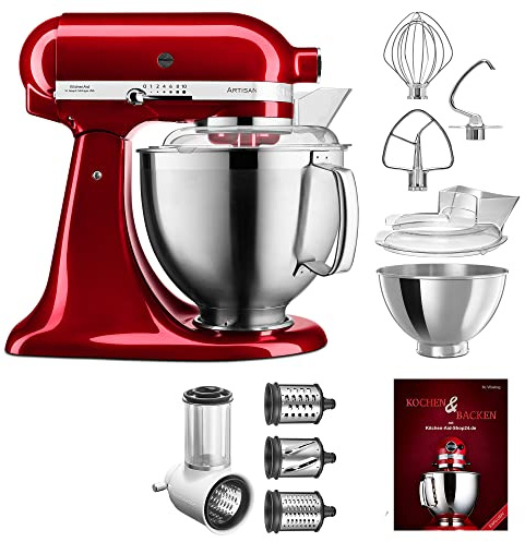 KitchenAid Küchenmaschine Artisan - P26 Starter Set 185er (GemüsNeu) - 5KSM185PSEPH inkl. Gemüseschneider (5KSMVSA) und Kochbuch (Kochen & Backen) (liebesapfelrot)
