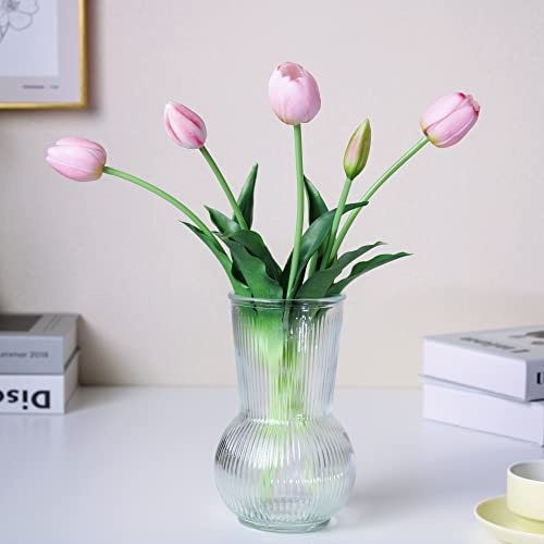 WAKISAKI Fausses Tulipes artificielles de 40 cm de qualité supérieure Toucher-Sentir, Tige Flexible Facile à façonner Fausse Fleur (Vase Non Inclus), Lot de 5, Rose Clair