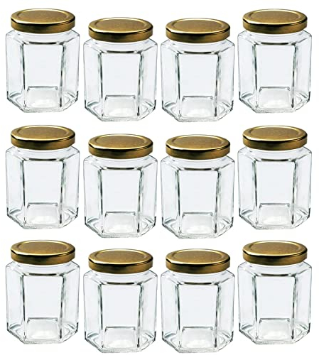 Offer Shop Jam Glass Jars with Lids & Labels - 12 Hexagonal 280ml Storage Jars of Quality Jam Jar | Ideal for Kitchen & Pantry Organization for Spice Honey Yogurt or Sweets | Airtight and Reusable