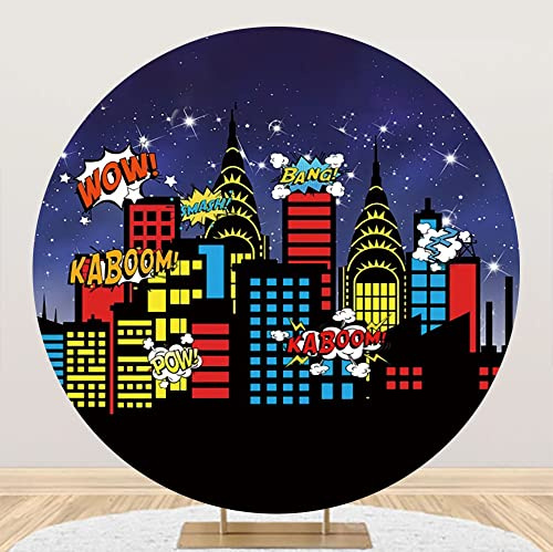 Aoihrraan 180cm Diameter Superhero City Round Photography Backdrop Skyscraper Buildings Starry Sky American Comic Boom Circle Backgrounds Baby Shower Newborn Birthday Party Portrait Photo Prop
