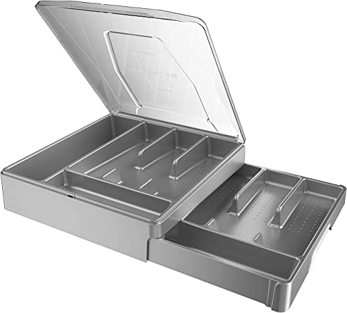 Veimry Portaposate a doppio strato con coperchio, porta utensili per piano di lavoro, organizer per cassetti da cucina con portaposate a 2 ripiani e 9 scomparti (grigio)