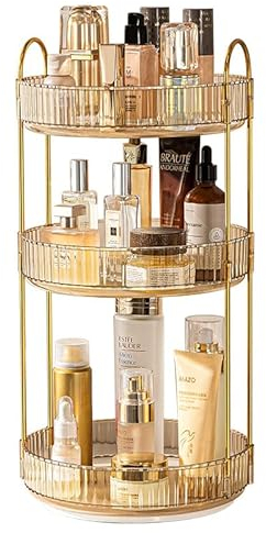 CESTATIVO Organisateur de maquillage, rotatif à 360°, organisateur de cosmétiques, organisateur de soins de la peau pour salle de bain (3 couches, ambre)