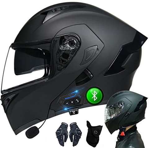 Cascos Bluetooth para Motocicletas, con Guantes Y Mascarillas, Cascos Modulares para Cascos Volteados Aprobados por ECE, Cascos Completos con Doble Visera, M A XXL