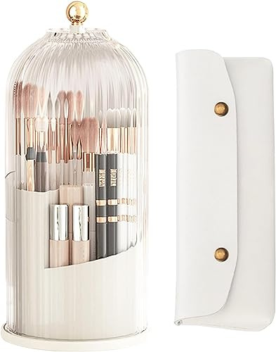 Qivine Makeup Pinsel Organizer, Transparent Kosmetik Organizer Drehbar mit Pinseltasche, Staubdicht Pinsel Aufbewahrung mit Deckel für Schminktisch, Badezimmer, Arbeitsplatte (Weiß)