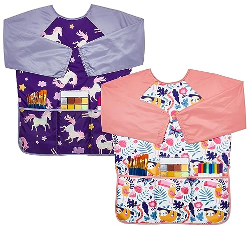 Lictin Grembiule da pittura per bambini, 2 pezzi, per bambini dai 3 agli 8 anni, grembiule da pittura con 3 tasche a maniche lunghe, grembiule impermeabile