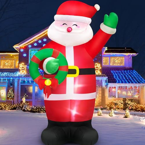 Danxilu 2,4m Weihnachtsdeko Aufblasbarer Weihnachtsmann mit LED-Beleuchtung | XXL Aufblasbar Nikolaus Weihnachten Outdoor Deko mit Kranz für Aussen Garten Außen Innen Balkon Hof