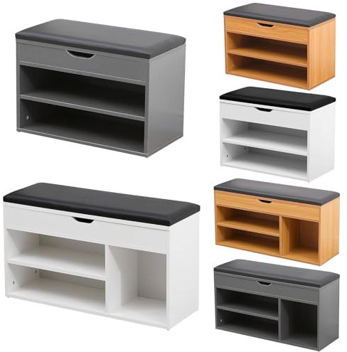 AVC Designs 60cm Shoe Bench Grey Wooden Shoe Storage Cabinet Organiser With Seat Cushion