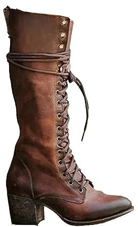 Mittelalterliche Cosplay Stiefel - PU Leder High-Heeled Schnürsenkel Stiefel - Mid-Calf Knie Länge Festival LARP Schuhe für Cosplay, Braun, 40