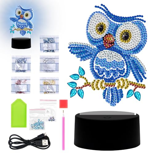 Bqweun DIY Diamond Painting Eule Deko, Bastelset Diamantmalerei Kunst Set, Lampe, Diamant Malerei Geburtstagsgeschenke, für Anfänger Hausgeschenk Deko für Mädchen