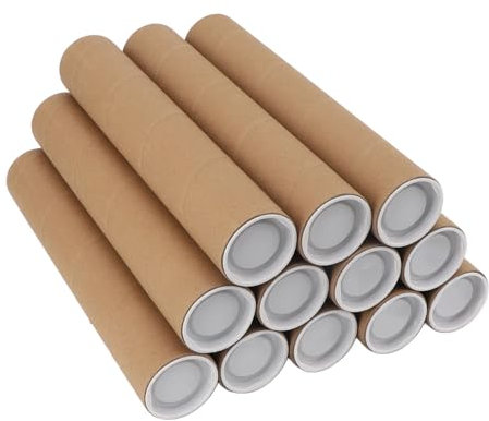 12 Stück Kraftpapier-Versandröhren für Versand, Verpackung, Kunstdrucke, Blaupausen – Langlebige Spiralgewickelte Konstruktion mit Weißen Kappen, Vielseitig Einsetzbar (5,3 * 30