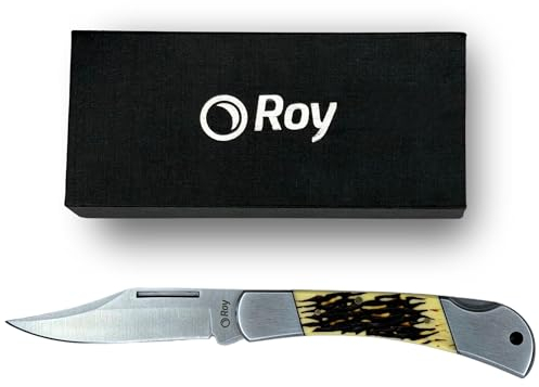 Roy Jagdmesser mit Geweihlook Griff, Hirschfänger Messer, Trachtenmesser für lederhose Klappmesser Zweihandmesser, Taschenmesser Outdoor mit Geschenkbox