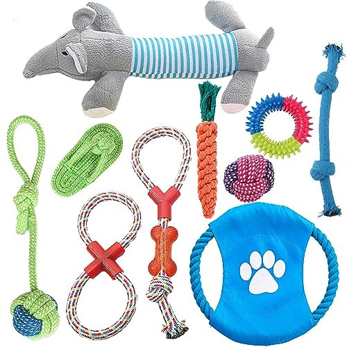 10Pcs Natural Cotton Dog Rope Toys with Plush Squeaky Toy, Puppy Teething Chew Toys for Small Medium Large Dogs, Tug Toys for Puppies 8+ Weeks & Adult Dogs, Durable Indoor Outdoor Dog Chew Toys